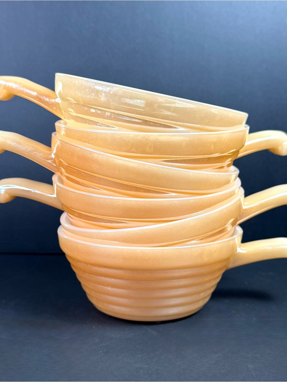 Vintage Fire King Peach-Orange Ceramic Soup Bowls with Handles - Set of 6